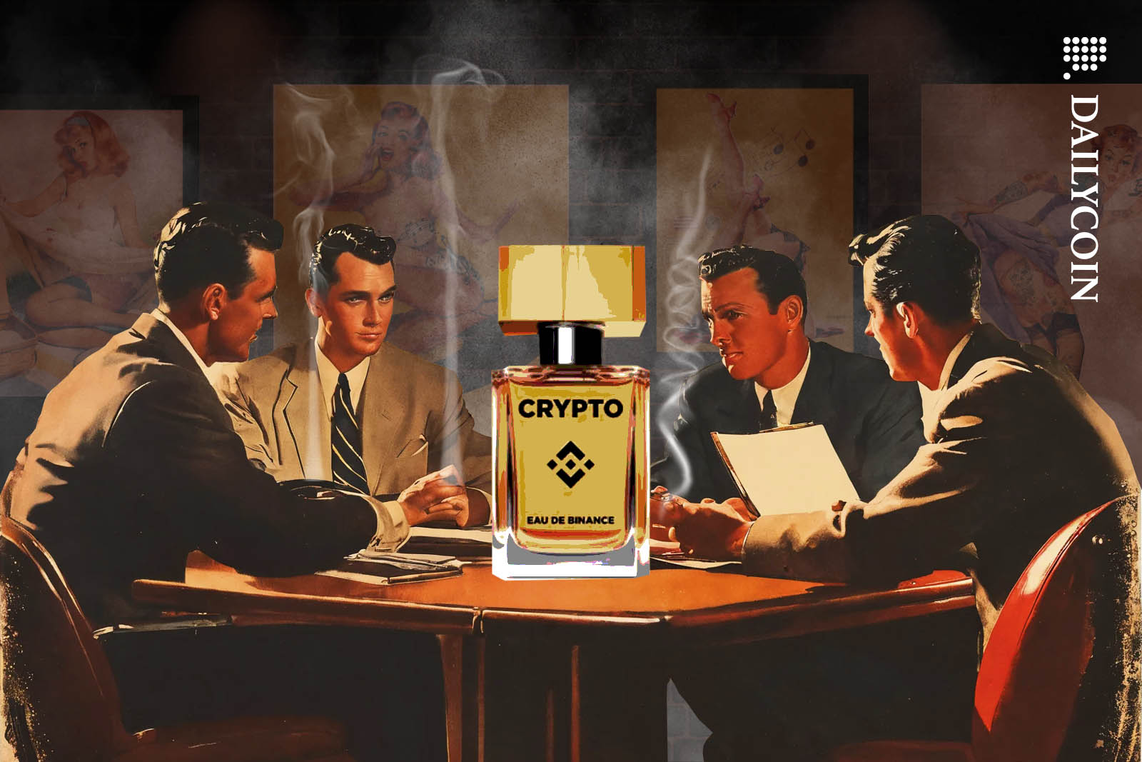 Four advertising executives sitting around a large bottle of Binance Crypto parfume in a cigarette smoke filled room.